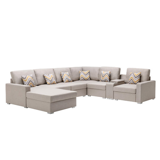 GFD Home - Nolan Beige Linen Fabric 7Pc Reversible Chaise Sectional Sofa with a USB, Charging Ports, Cupholders, Storage Console Table and Pillows and Interchangeable Legs - GreatFurnitureDeal