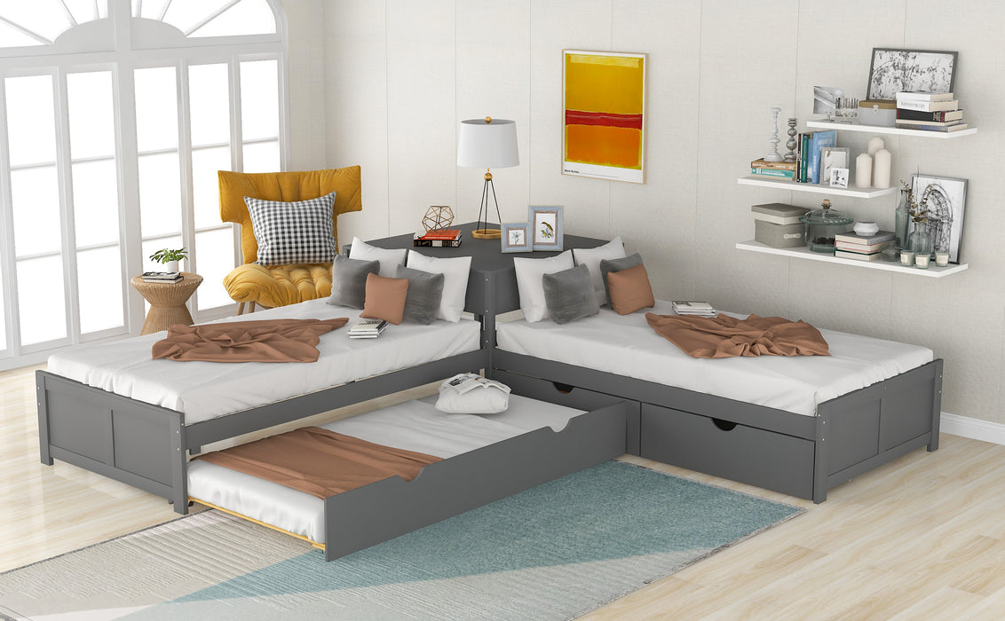 GFD Home - L-shaped Platform Bed with Trundle and Drawers Linked with built-in Desk,Twin,Gray - GreatFurnitureDeal