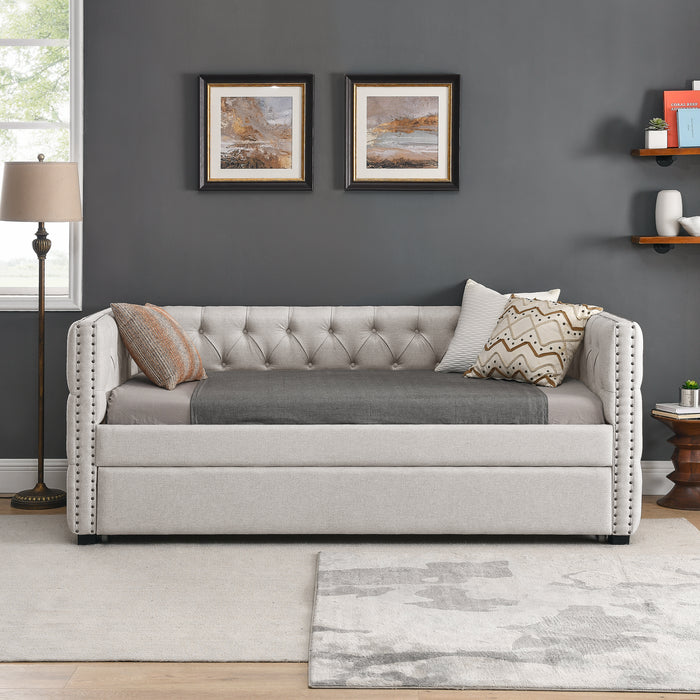 GFD Home - Daybed with Trundle Upholstered Tufted Sofa Bed, with Button and Copper Nail on Square Arms，both Twin Size, Beige（86“x42.5”x33.5“）