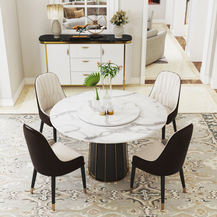 GFD Home - Modern White Round Marble Tabletop Dining Table with Lazy Susan, Black and Gold Leg, Dining Room Table, 59" - GreatFurnitureDeal