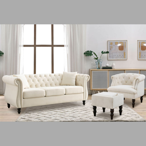 GFD Home -[Video] 3+1 Combination of Chesterfield sofa and chair, Beige Velvet, two pillows for living room, bedroom, office, apartment. - GreatFurnitureDeal