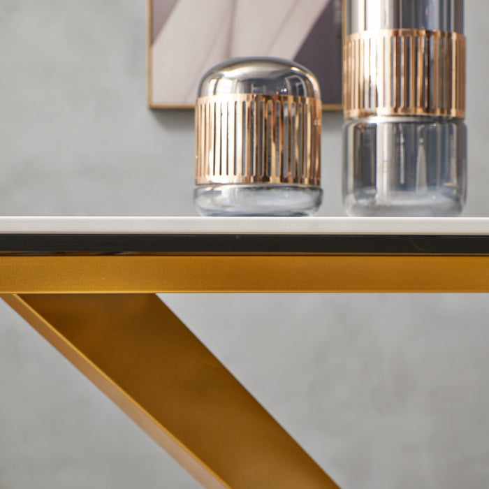 GFD Home - Sintered stone dinning table with 6 pcs Chairs ,Carrara white color , Modern Dinning table with solid Gold Carbon Stell base 63" - GreatFurnitureDeal