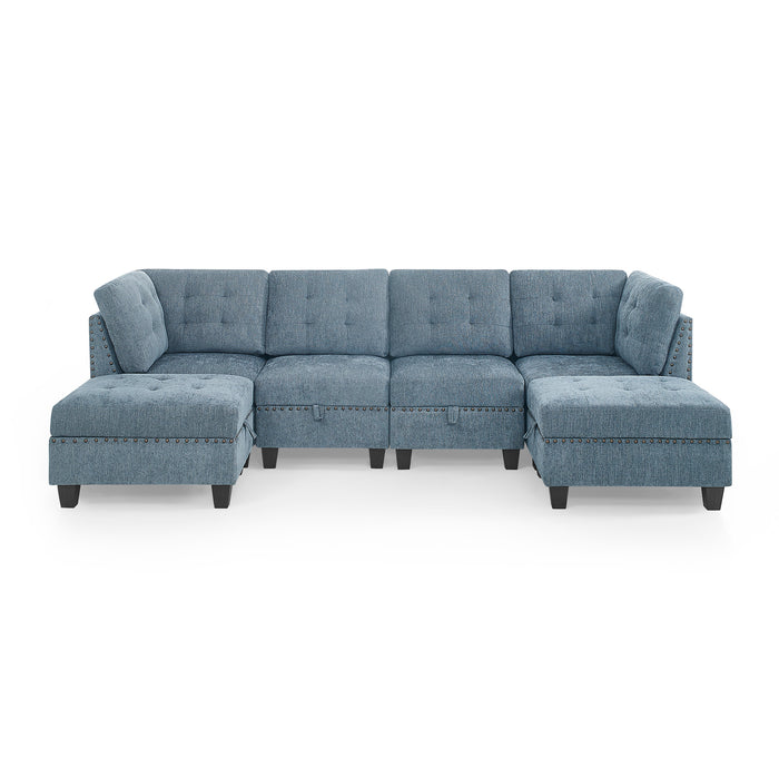 GFD Home - U shape Modular Sectional Sofa，DIY Combination，includes Two Single Chair ，Two Corner and Two Ottoman，Navy Chenille - GreatFurnitureDeal