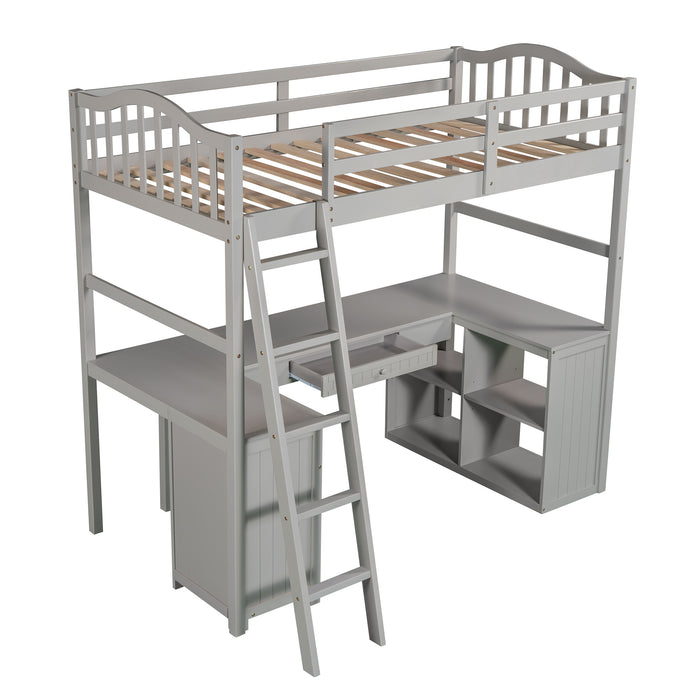 GFD Home - Twin size Loft Bed with Drawers, Cabinet, Shelves and Desk, Wooden Loft Bed with Desk - Gray (OLD SKU :LP000505AAE) - GreatFurnitureDeal