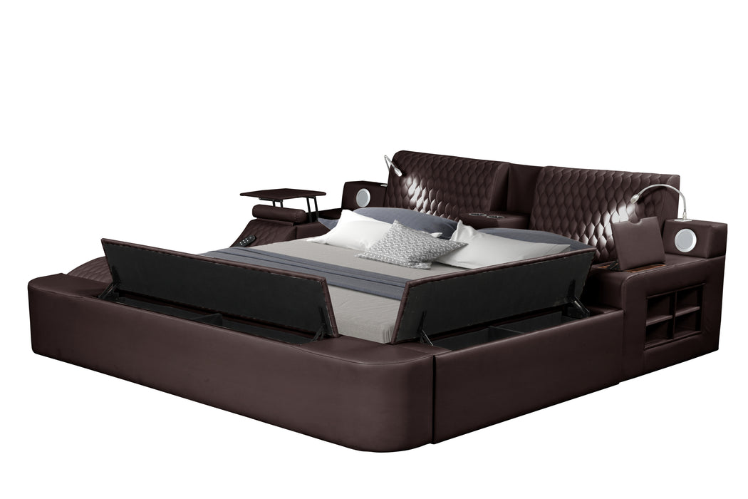 GFD Home - Zoya Smart Multifunctional Queen Size Bed Made with Wood in Brown - GreatFurnitureDeal