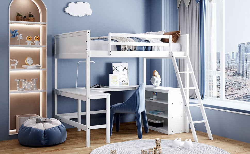 GFD Home - Full size Loft Bed with Shelves and Desk, Wooden Loft Bed with Desk - White - GreatFurnitureDeal