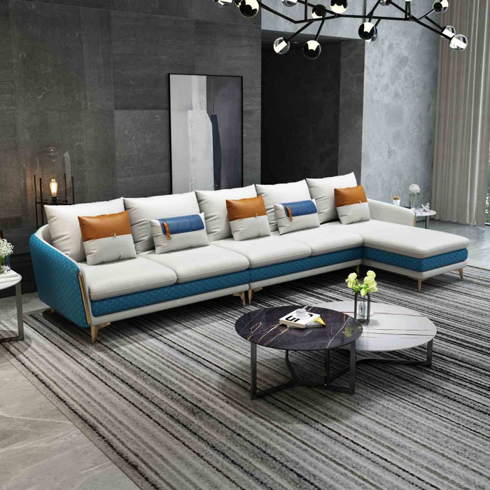 European Furniture - Icaro Mansion Sectional in Italian Leather Off White-Blue - 64439R-5RHF - GreatFurnitureDeal