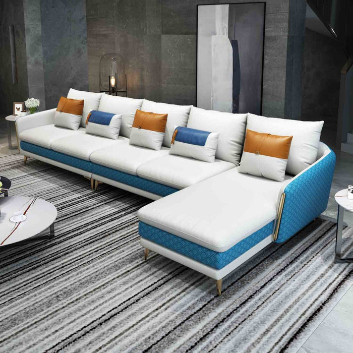 European Furniture - Icaro Mansion Sectional in Italian Leather Off White-Blue - 64439R-5RHF - GreatFurnitureDeal