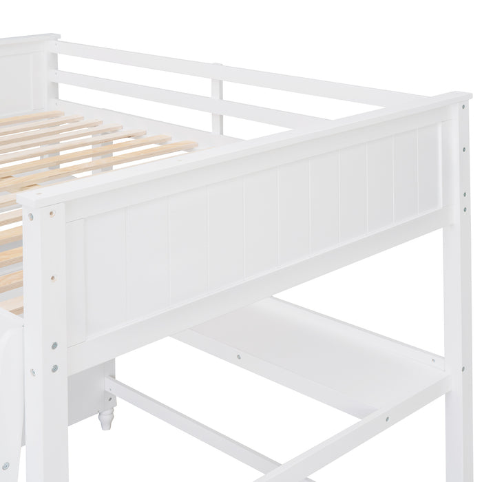 GFD Home - Full size Loft Bed with Drawers and Desk, Wooden Loft Bed with Shelves - White(OLD SKU:LT000529AAK) - GreatFurnitureDeal