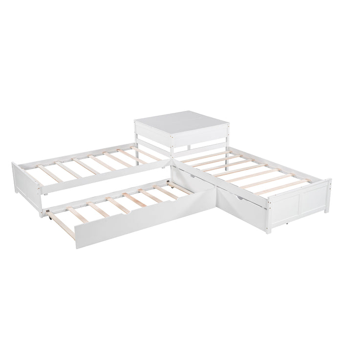 GFD Home - L-shaped Platform Bed with Trundle and Drawers Linked with built-in Desk,Twin,White - GreatFurnitureDeal