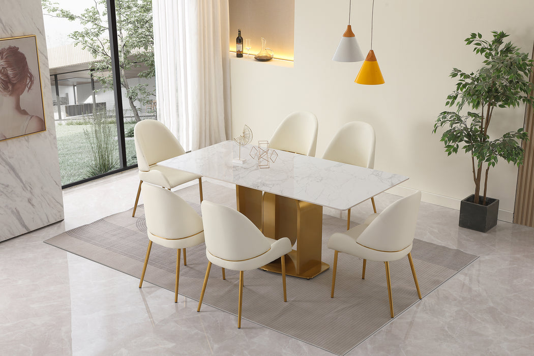 GFD Home - 71" Contemporary Dining Table in Gold with Sintered Stone Top and  U shape Pedestal Base in Gold finish with 6 pcs Chairs . - GreatFurnitureDeal