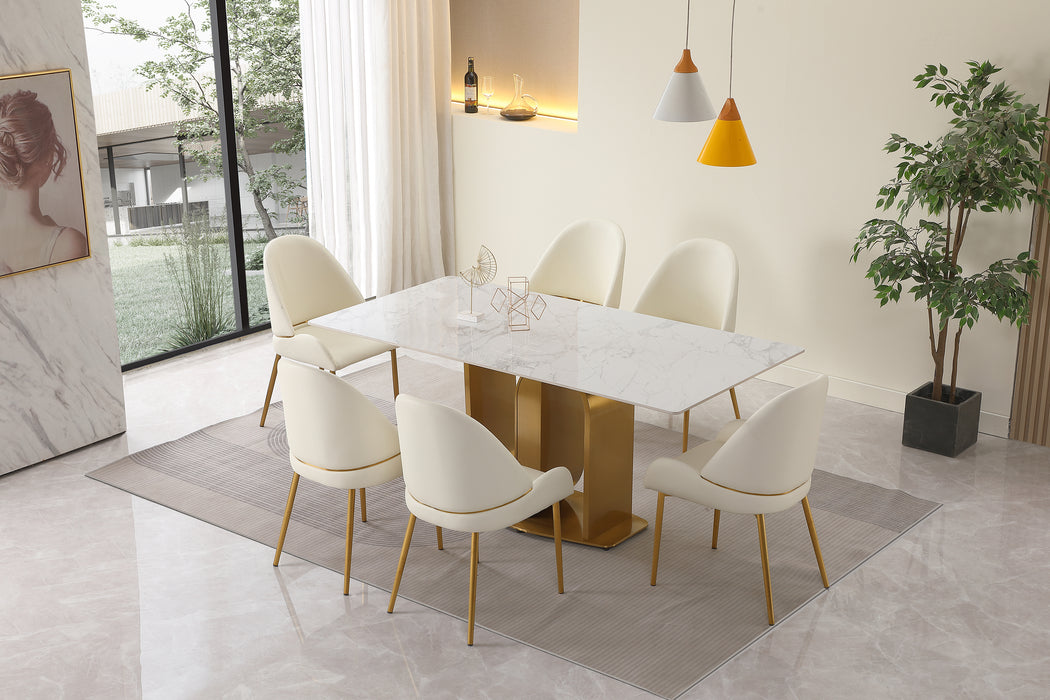 GFD House - 71" Contemporary Dining Table in Gold with Sintered Stone Top and  U shape Pedestal Base in Gold finish with 6 pcs Chairs . - GreatFurnitureDeal