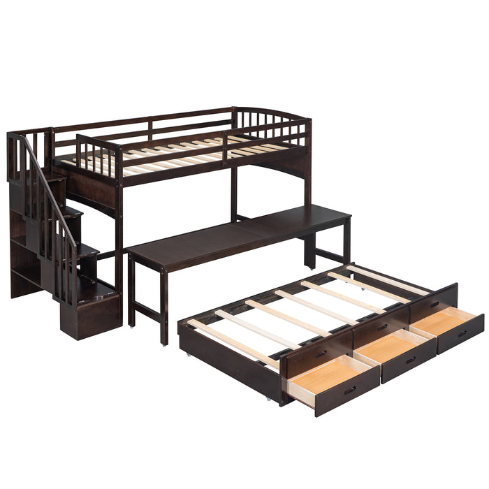 GFD Home - Stairway Twin XL Loft Bed with Twin Size Trundle and 3 Drawers, Storage, Desk, Espresso - GreatFurnitureDeal