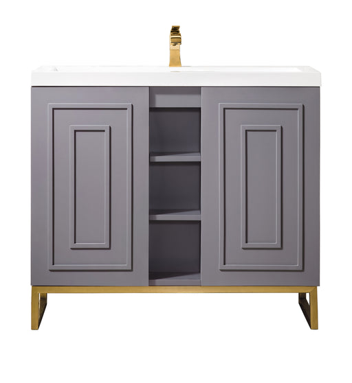James Martin Furniture - Alicante' 39.5" Single Vanity Cabinet, Grey Smoke, Radiant Gold w/White Glossy Composite Countertop - E110V39.5GSMRGDWG - GreatFurnitureDeal