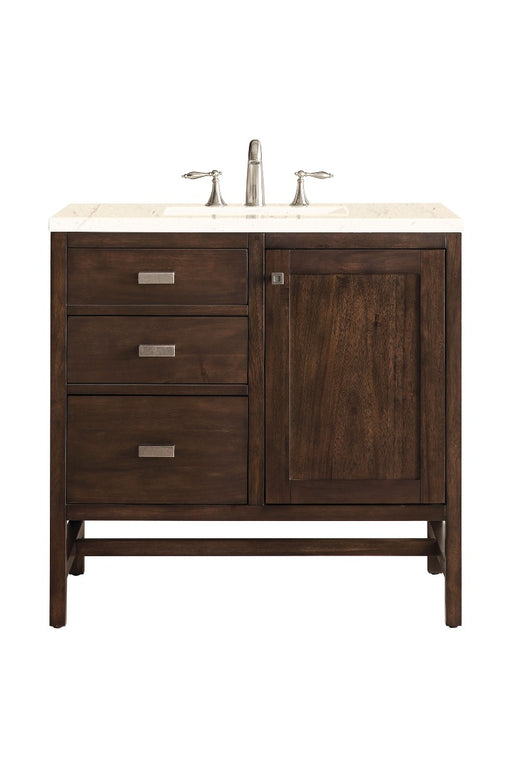 James Martin Furniture - Addison 36" Single Vanity Cabinet, Mid Century Acacia, w- 3 CM Eternal Marfil Quartz Top - E444-V36-MCA-3EMR - GreatFurnitureDeal