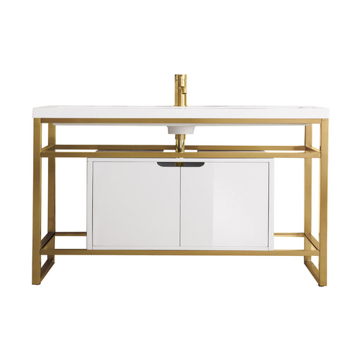 James Martin Furniture - Boston 39.5" Stainless Steel Sink Console, Radiant Gold w/ Glossy White Storage Cabinet, White Glossy Composite Countertop - C105V39.5RGDSCGWWG - GreatFurnitureDeal