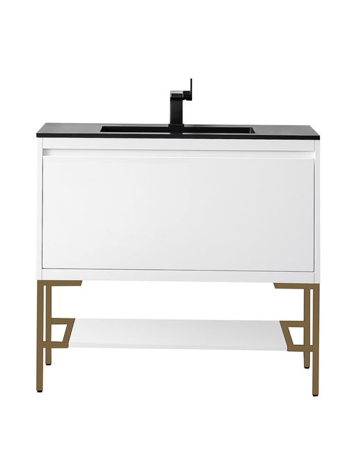 James Martin Furniture - Milan 35.4" Single Vanity Cabinet, Glossy White, Radiant Gold w/Charcoal Black Composite Top - 801V35.4GWRGDCHB - GreatFurnitureDeal