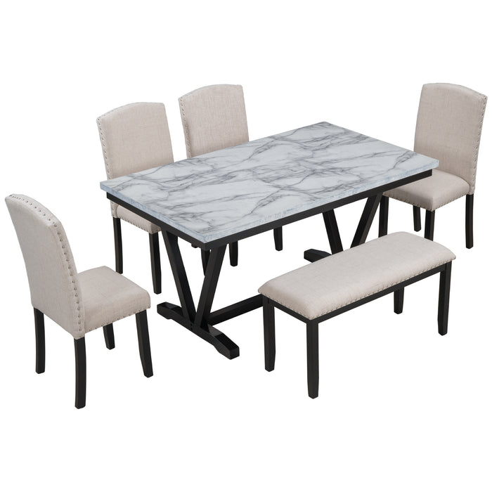 GFD Home - TREXM Modern Style 6-piece Dining Table with 4 Chairs & 1 Bench, Table with Marbled Veneers Tabletop and V-shaped Table Legs (White) - GreatFurnitureDeal