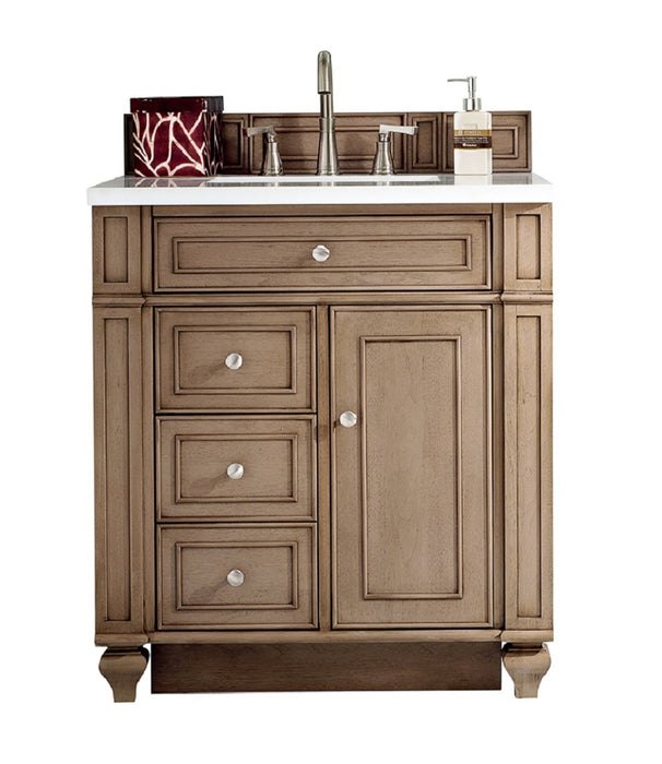 James Martin Furniture - Bristol 30" Single Vanity Whitewashed Walnut, w- 3 CM Eternal Jasmine Pearl Quartz Top - 157-V30-WW-3EJP - GreatFurnitureDeal