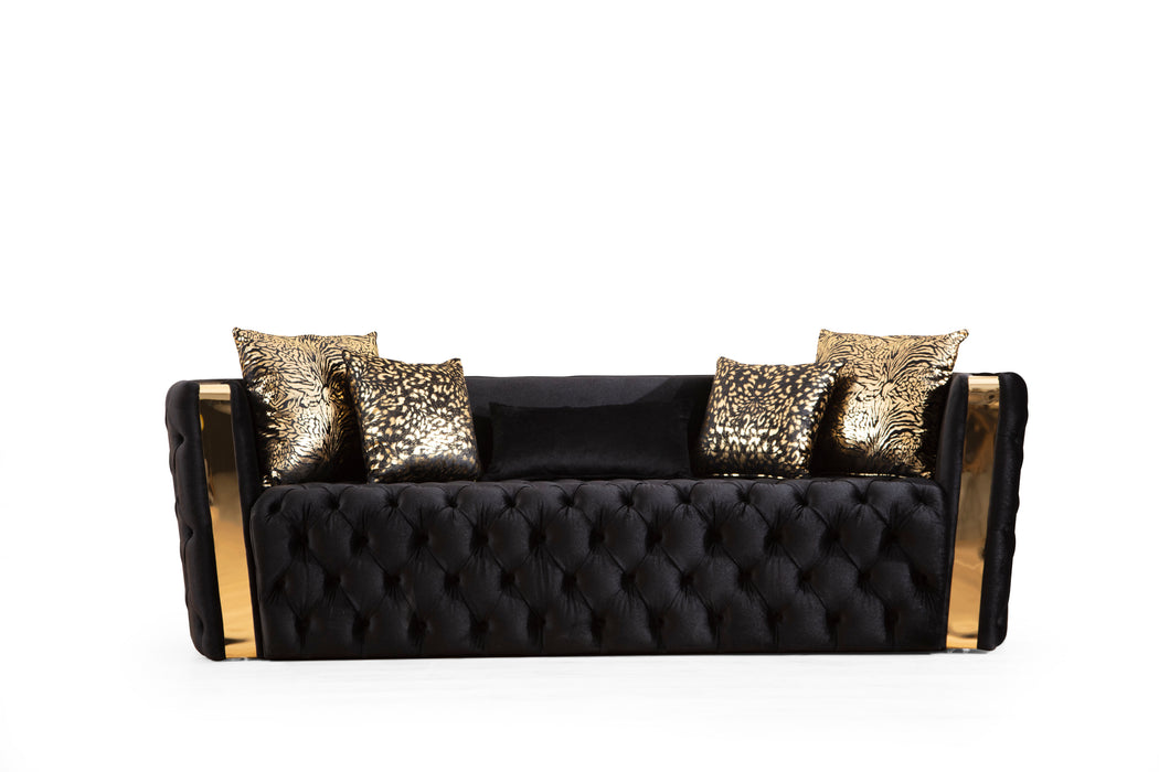 GFD Home - Naomi Button Tufted 2 Pc Sofa Set with Velvet Fabric and Gold Accent in Black - GreatFurnitureDeal