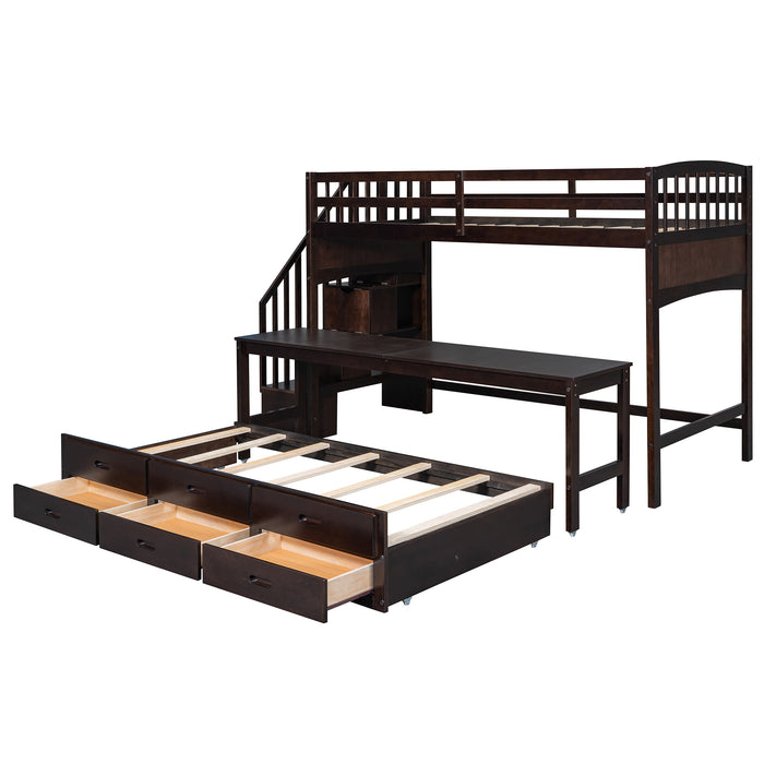 GFD Home - Stairway Twin XL Loft Bed with Twin Size Trundle and 3 Drawers, Storage, Desk, Espresso - GreatFurnitureDeal