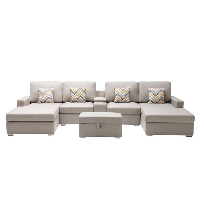 GFD Home - Nolan Beige Linen Fabric 6Pc Double Chaise Sectional Sofa with Interchangeable Legs, Storage Ottoman, Pillows, and a USB, Charging Ports, Cupholders, Storage Console Table - GreatFurnitureDeal