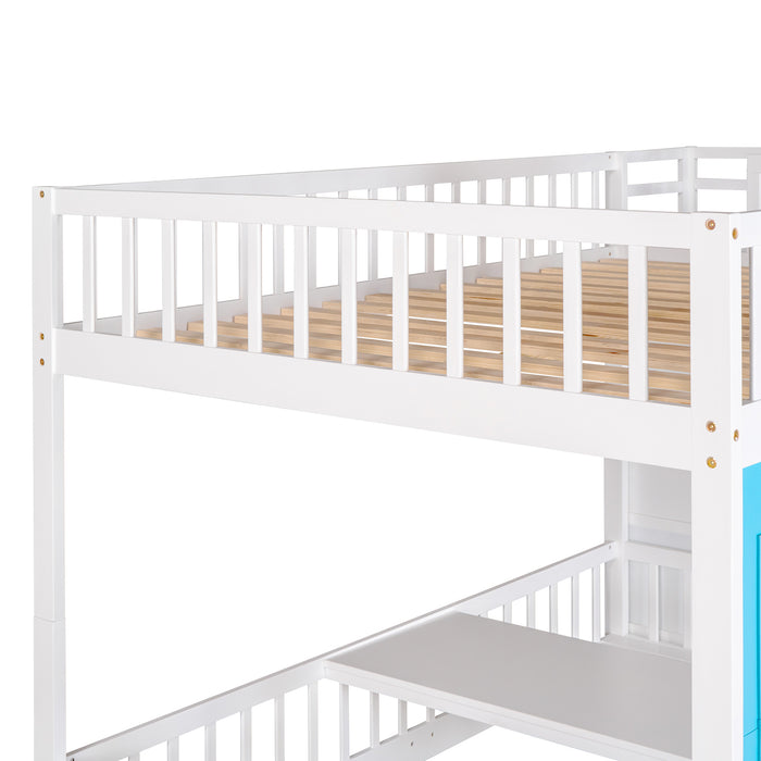 GFD Home - Full-Over-Full Bunk Bed with Changeable Table , Bunk Bed Turn into Upper Bed and Down Desk - Blue - GreatFurnitureDeal