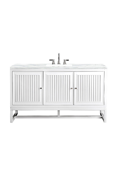James Martin Furniture - Athens 60" Single Vanity Cabinet , Glossy White, w- 3 CM Arctic Fall Solid Surface Countertop - E645-V60S-GW-3AF - GreatFurnitureDeal