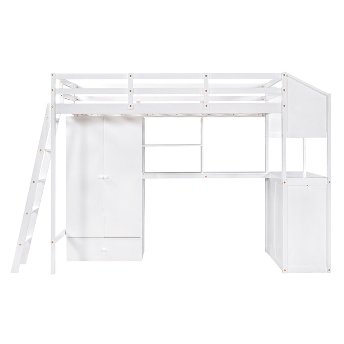 GFD Home - Twin Size Loft Bed with Wardrobe and Drawers, attached Desk with Shelves, White - GreatFurnitureDeal