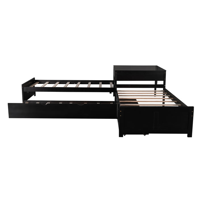 GFD Home - L-shaped Platform Bed with Trundle and Drawers Linked with built-in Desk,Twin,Espresso - GreatFurnitureDeal