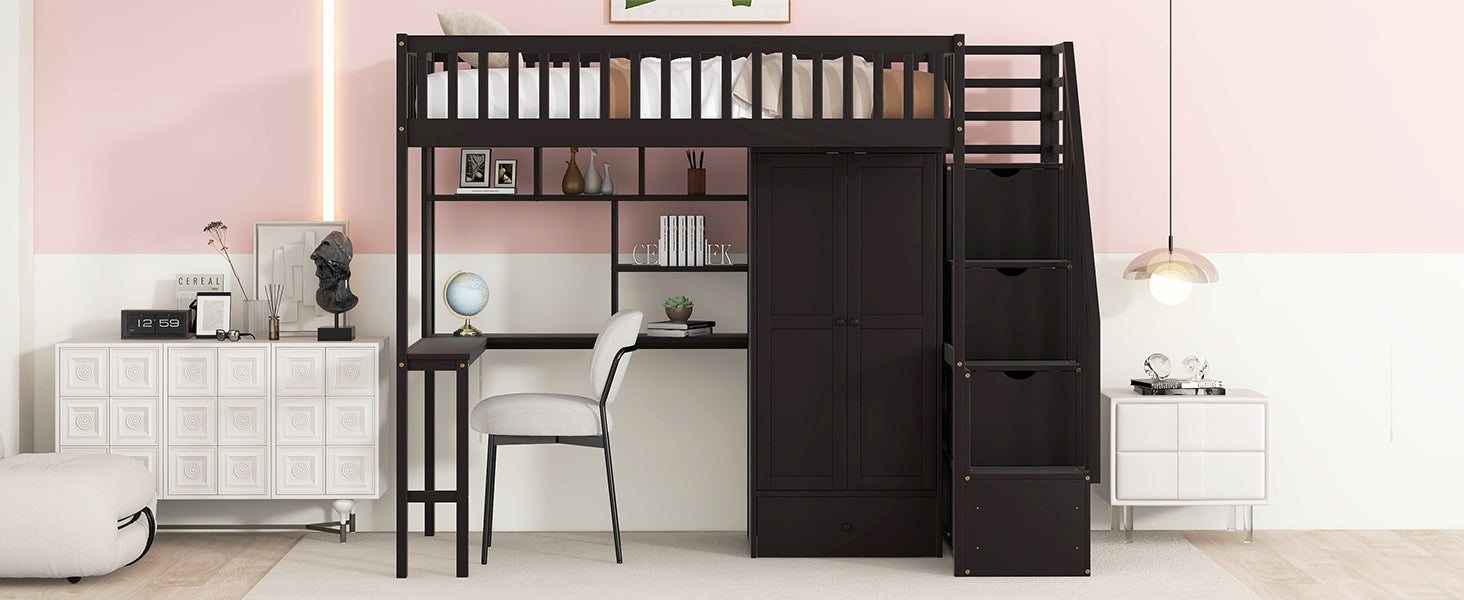 GFD Home - Twin size Loft Bed with Bookshelf,Drawers,Desk,and Wardrobe-Espresso - GreatFurnitureDeal