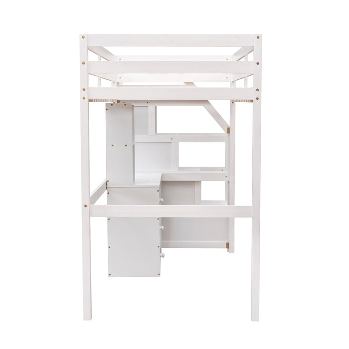 GFD Home - Twin Size Loft Bed with a Stand-alone Bed, Storage Staircase, Desk, Shelves and Drawers, White - GreatFurnitureDeal