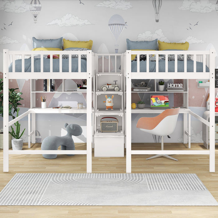 GFD Home - Twin & Twin Size Loft Bed with 2 Built-in Desks and Shelves, Storage Staircase, White - GreatFurnitureDeal