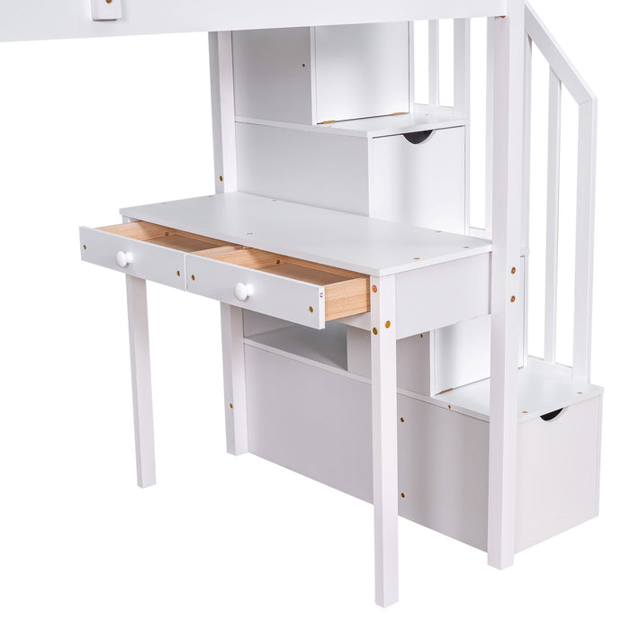 GFD Home - Twin size Loft Bed with Storage Drawers ,Desk and Stairs, Wooden Loft Bed with Shelves - White - GreatFurnitureDeal