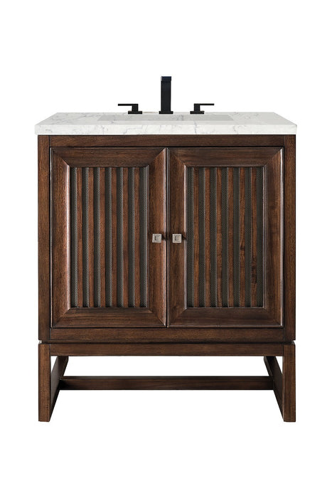 James Martin Furniture - Athens 30" Single Vanity Cabinet, Mid Century Acacia, w- 3 CM Eternal Jasmine Pearl Quartz Top - E645-V30-MCA-3EJP - GreatFurnitureDeal