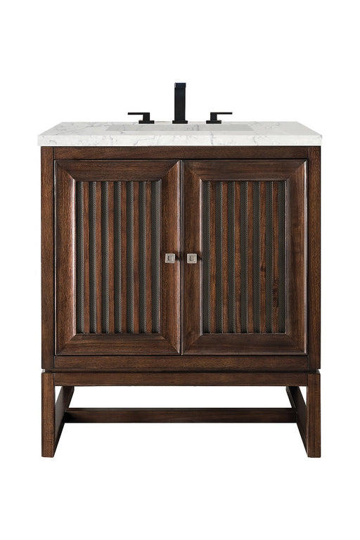 James Martin Furniture - Athens 30" Single Vanity Cabinet, Mid Century Acacia, w- 3 CM Eternal Jasmine Pearl Quartz Top - E645-V30-MCA-3EJP - GreatFurnitureDeal