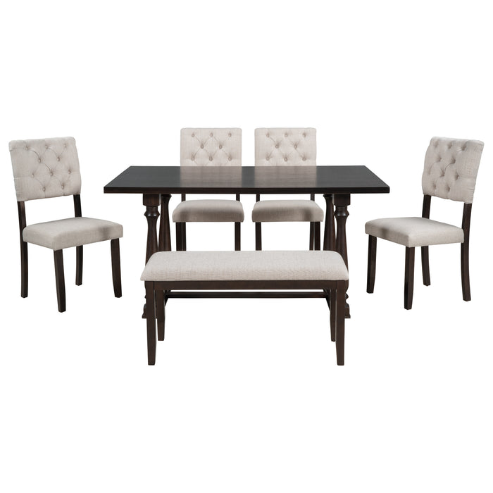 GFD Home - TREXM 6-Piece Dining Table and Chair Set with Special-shaped Legs and Foam-covered Seat Backs&Cushions for Dining Room (Espresso) - GreatFurnitureDeal