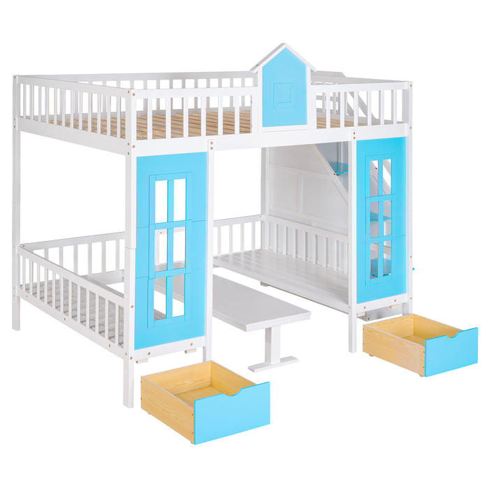 GFD Home - Full-Over-Full Bunk Bed with Changeable Table , Bunk Bed Turn into Upper Bed and Down Desk - Blue - GreatFurnitureDeal