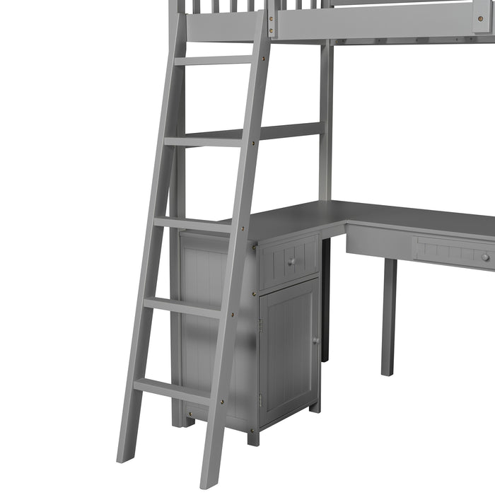 GFD Home - Twin size Loft Bed with Drawers, Cabinet, Shelves and Desk, Wooden Loft Bed with Desk - Gray (OLD SKU :LP000505AAE) - GreatFurnitureDeal