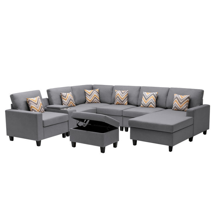 GFD Home - Nolan Gray Linen Fabric 8Pc Reversible Chaise Sectional Sofa with Interchangeable Legs, Pillows, Storage Ottoman, and a USB, Charging Ports, Cupholders, Storage Console Table - GreatFurnitureDeal