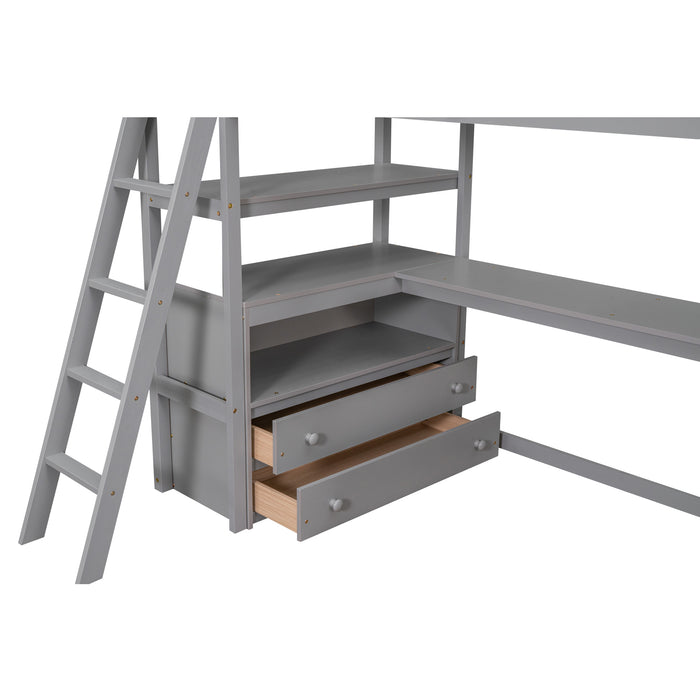 GFD Home - Twin Size Loft Bed with Desk and Shelves, Two Built-in Drawers, Gray(old SKU: GX000803AAE-1） - GreatFurnitureDeal