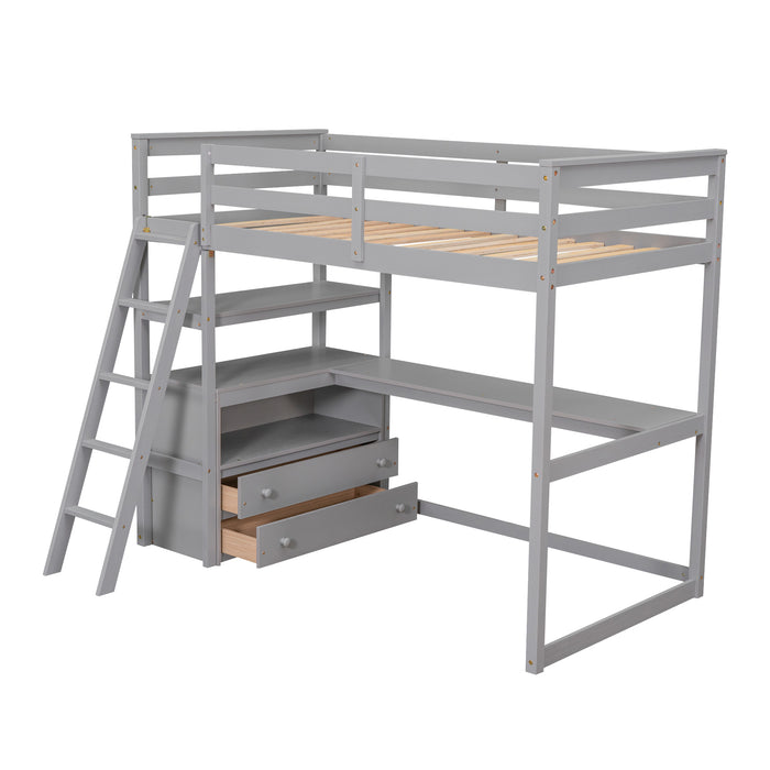 GFD Home - Twin Size Loft Bed with Desk and Shelves, Two Built-in Drawers, Gray(old SKU: GX000803AAE-1） - GreatFurnitureDeal