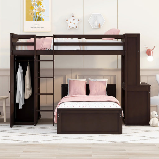 GFD Home - Twin size Loft Bed with a Stand-alone bed, Shelves,Desk,and Wardrobe-Espresso - GreatFurnitureDeal