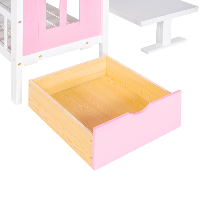 GFD Home - Full-Over-Full Bunk Bed with Changeable Table , Bunk Bed Turn into Upper Bed and Down Desk - Pink - GreatFurnitureDeal