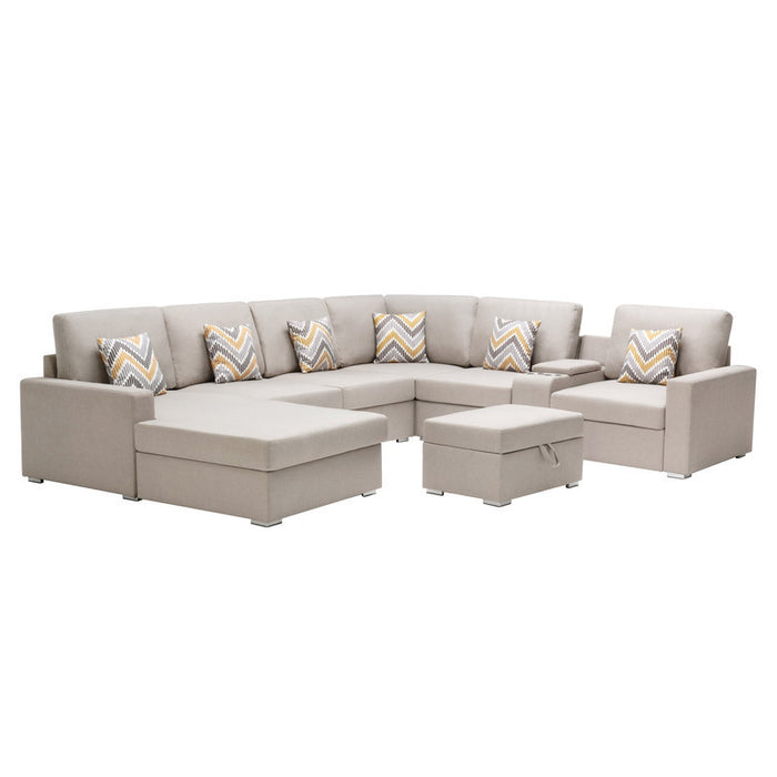 GFD Home - Nolan Beige Linen Fabric 8Pc Reversible Chaise Sectional Sofa with Interchangeable Legs, Pillows, Storage Ottoman, and a USB, Charging Ports, Cupholders, Storage Console Table - GreatFurnitureDeal