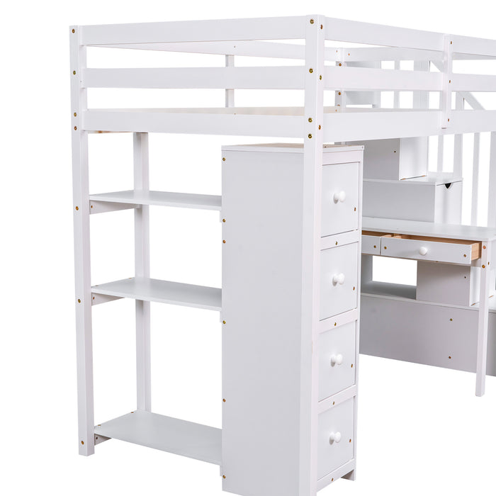 GFD Home - Twin size Loft Bed with Storage Drawers ,Desk and Stairs, Wooden Loft Bed with Shelves - White - GreatFurnitureDeal