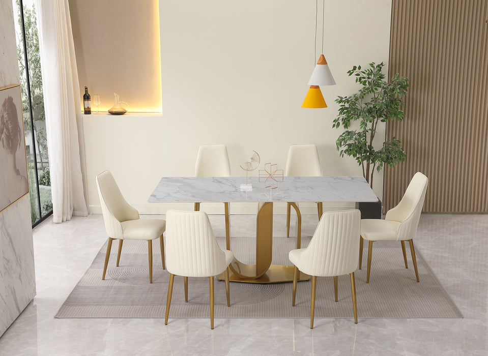 GFD House - 71" Contemporary Dining Table  Sintered Stone  U shape Pedestal Base in Gold finish with 6 pcs Chairs . - GreatFurnitureDeal