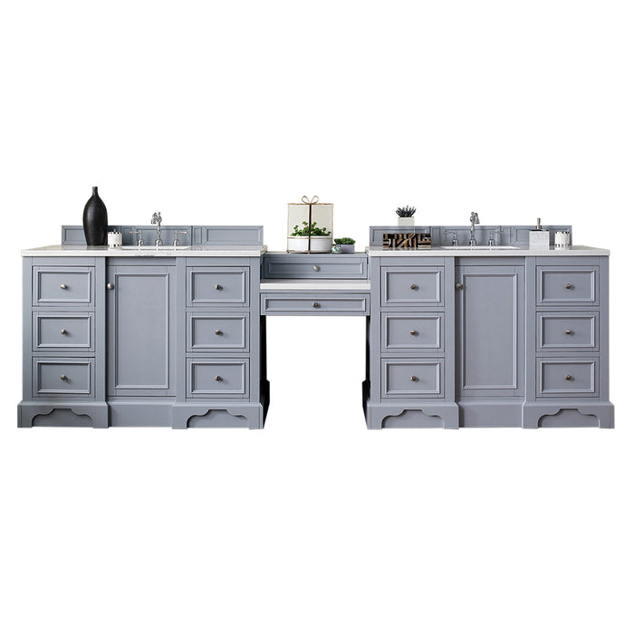 James Martin Furniture - De Soto 118" Double Vanity Set, Silver Gray w- Makeup Table, 3 CM Classic White Quartz Top - 825-V118-SL-DU-CLW - GreatFurnitureDeal
