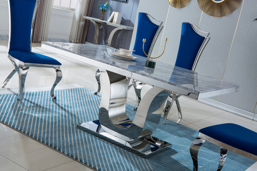 GFD Home - Modern Rectangular Marble Dining Table, 0.71" Thick Marble Top, U Shape Stainless Steel Base with Silver Mirrored Finish, Size:64"Lx38"Dx30"H(Not Including Chairs) - GreatFurnitureDeal