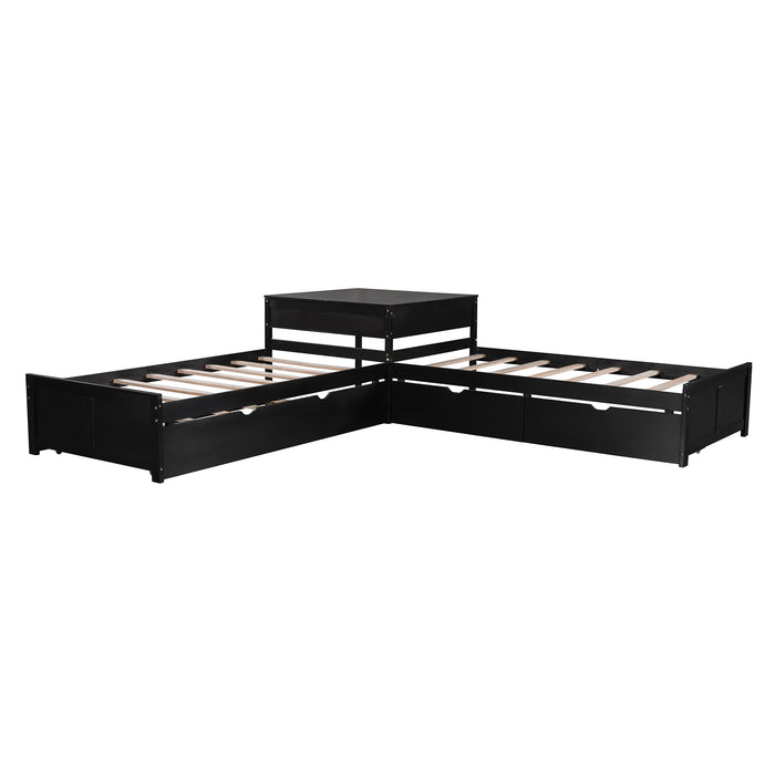 GFD Home - L-shaped Platform Bed with Trundle and Drawers Linked with built-in Desk,Twin,Espresso - GreatFurnitureDeal